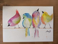 three birds are sitting on a branch painted with watercolors and then colored pencils