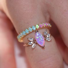 -14kt rose gold vermeil -lab created pink opal -zircon side stones Ombre Rings, Stocking Fillers For Him, Solid Gold Necklace, Solid Gold Earrings, Rose Gold Pink, Forever Jewelry, Green Opal, Vermeil Jewelry, Dual Band