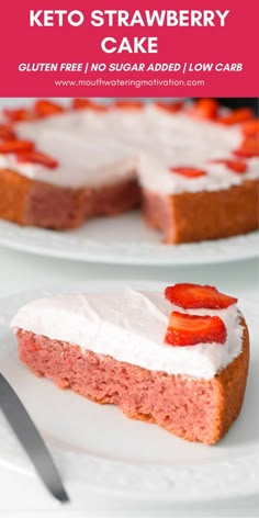 A delicious fluffy soft keto strawberry cake made with fresh strawberry purée topped with a light whipped cream & cream cheese frosting blended with additional strawberry purée then topped with more fresh strawberries. This is by FAR one of the best keto cakes I've ever made! It's a great low carb summer dessert. Low Carb Strawberry Cake, Best Keto Cake, Strawberry Cake Keto, Low Calorie Strawberry Cake, Keto Strawberry Mug Cake, Keto Strawberry Cobbler, Strawberry Keto Dessert, Sugar Free Strawberry Cake