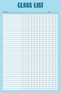 a printable class list is shown in the middle of a blue background with white writing