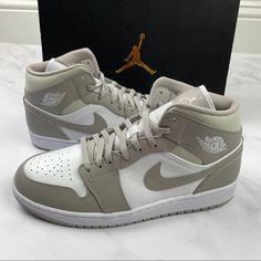 Brand New Air Jordan 1 Mid College Grey/White/Light Bone 100% Authentic Comes With Original Box Size 12 Painted Canvas Shoes, Fancy Heels, Nike Fashion Shoes, Preppy Shoes, Pretty Shoes Sneakers, Nike Shoes Jordans, Jordan White, Jordan 1s, Bone Color