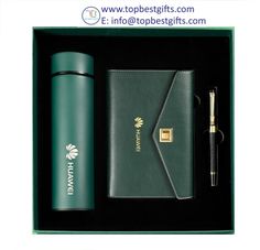 a pen, notebook and lighter in a green gift box with the words flane written on it