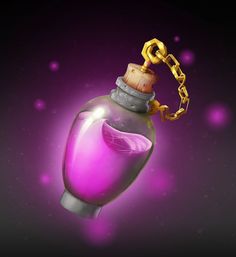 a bottle with a chain hanging from it's side on a purple background that appears to be floating in the air