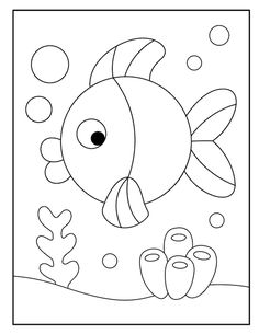 a coloring page with an image of a fish in the water and some algaes