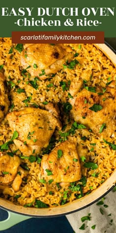 easy dutch oven chicken and rice in a skillet with parsley on the side