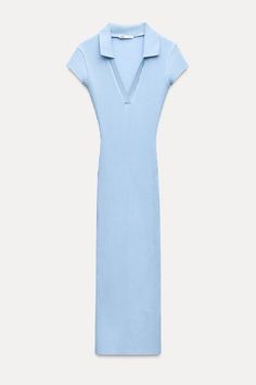 RIBBED DRESS - Mid-blue | ZARA United States Elegant Collared Polo Dress For Spring, Elegant Spring Polo Dress With Collar, Elegant Spring Collared Polo Dress, Elegant Spring Polo Dress For Work, Elegant Spring Workwear Polo Dress, Spring Short Sleeve Polo Dress For Work, Fitted Collared Short Sleeve Dress For Spring, Fitted Collared Short Sleeve Spring Dress, Fitted Polo Dress For Spring