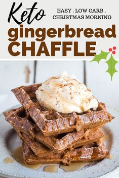 a white plate topped with gingerbread waffles covered in icing and whipped cream