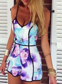 Spaghetti Strap Purple Floral Contrast Trims Jumpsuit 27.90 Colorful Romper, Affordable Clothing Websites, Casual Playsuit, Boho Jumpsuit, Colorful Jumpsuit, Pattern Romper, Jumpsuit Pattern, Dresses Outfits, Playsuit Romper