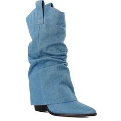 Blue Jean Pointed Toe Cowboy Boots Heel 2.75 Dress Up Or Down Denim Blue Round Toe Boots For Summer, Denim Blue Round Toe Summer Boots, Blue Ankle-high Boots For Spring, Blue Ankle-high Summer Boots, Casual Denim Blue Pointed Toe Boots, Casual Denim Boots For Summer, Casual Denim Summer Boots, Chic Blue Denim Boots, Summer Blue Denim Boots