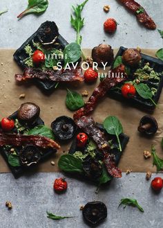 the cover of savory cookbook is shown with mushrooms, tomatoes and spinach