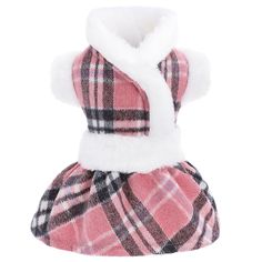 a pink plaid dog dress with white fur collar