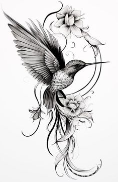 a black and white drawing of a humming bird with flowers on it's back