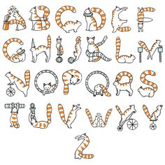 an orange and white alphabet with cats on it