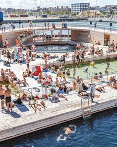 many people are swimming in the water near a dock