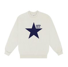 a white sweatshirt with a blue star on the front