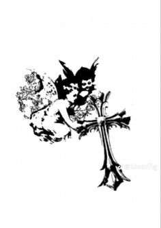 a black and white drawing of a cross with flowers