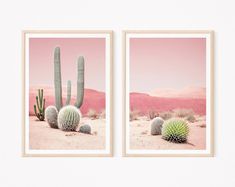 two pictures of cactus in the desert with pink sky and mountains behind them, framed on white wall