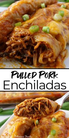 A double photo collage of enchiladas on a plate with a bite on a fork. Bbq Pork Wraps, Pork Shoulder Enchiladas, Leftover Pork Roast Enchiladas, Pork And Potato Burritos, Pulled Pork Bubble Up, Bbq Pulled Pork Burritos, Shredded Pork Dinner Recipes, Shredded Pork Enchilada Casserole, Pork Loin Enchiladas