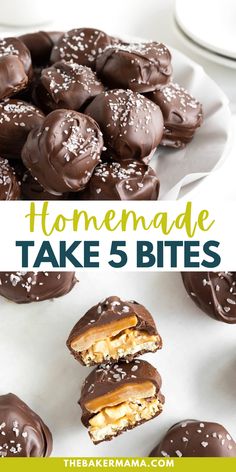 chocolate covered peanut butter balls on a plate with the title text overlay reads homemade take 5 bites