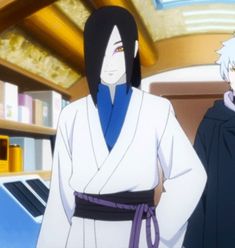 two anime characters standing next to each other in front of bookshelves and shelves