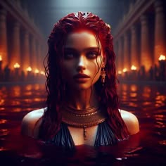 a woman with red hair in the water