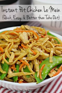 instant pot chicken lo mein in a white bowl on a red and white tablecloth