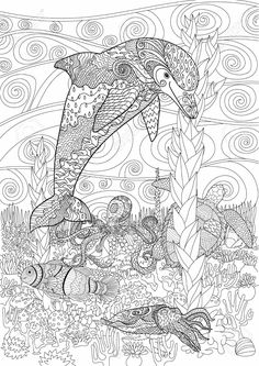 an adult coloring page featuring dolphins and fish in the ocean with swirly bubbles on the water