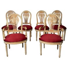 six antique chairs with red cushions and gold trimmings, set of four in good condition