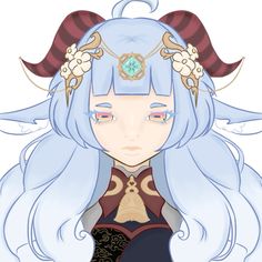 an anime character with blue hair and horns