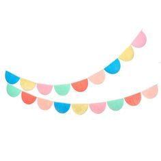 multicolored paper buntings on white background