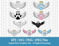 an angel paw graphic set with hearts and wings