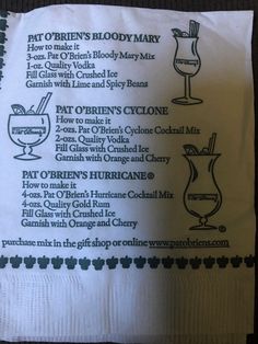 the menu for an old - fashioned cocktail is displayed on a napkin with green trim