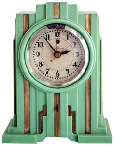 a green clock with gold trim around the face