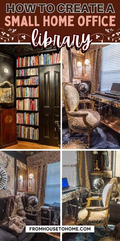 Create a cozy home office with a small library. Small Dark Academia Office, Dark Academia Small Office, Dark Academia Library Room, Dark Academia Reading Nook, Closet Library Ideas, Small Home Office Library, Library Office Room, Cozy Library Room Ideas, Bedroom Reading Area