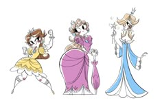 three princesses are standing in different dresses