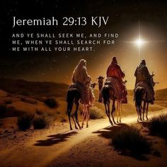 three wise men riding on camels in the desert at night with shining star above