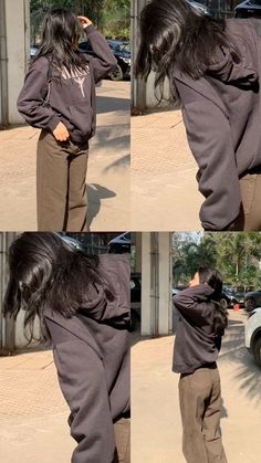 four pictures of a woman with long black hair wearing brown pants and a hoodie