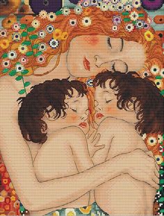 a cross stitch pattern with two women hugging each other