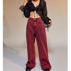 New With Tag. Rigid Denim. Huge 90s Y2k Throwback And A Gorgeous Cherry Red. Can Be Cuffed At The Bottom Or Let Loose. Drama Student Outfit, Extra Baggy Jeans, Red Jeans Outfit, Baggy Bottoms, Skater Fit, Baggy Jean, Urban Outfitters Jeans, Bdg Jeans, People Brand