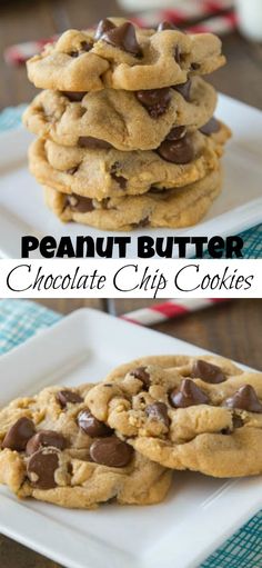 peanut butter chocolate chip cookies are stacked on top of each other and ready to be eaten