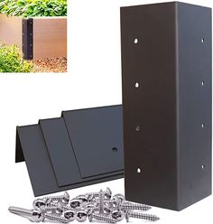 a metal box with screws and nails in front of some planters on the ground