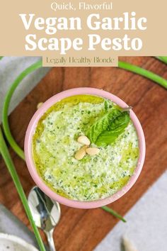 an overhead view of a bowl of vegan garlic scape pesto