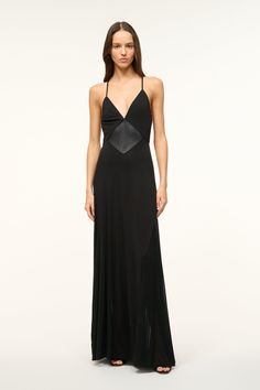 A jersey maxi dress with low v neck, the Fleur features mesh panel details and a low back with criss-cross straps. Staud Dress, Keds Champion, Custom Handbags, Black Tie Dress, Maxi Jersey Dress, Poplin Dress, Fabric Beads, Dress Evening, Maxi Gowns