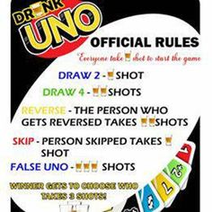 the official rules for drinking uno in front of a black and white background with an image of