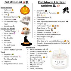 halloween movies list with pumpkins and other items