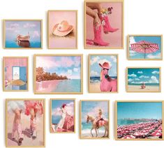 a collage of pink pictures with horses and people on the beach, all in different frames