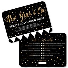 two new year's eve party cards with gold and black confetti on them