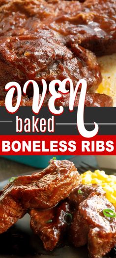 baked boneless ribs with text overlay that reads oven baked boneless ribs