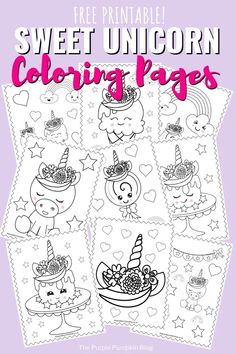 the printable coloring page for sweet unicorns is shown in pink and purple colors