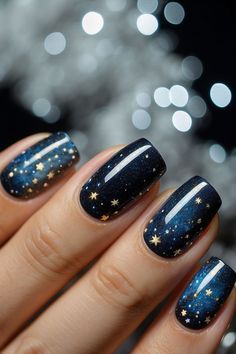 Create a stunning look with these inspirational starry night nail designsFrom subtle to boldthese designs will make your nails stand out and show off your unique styleWhether you're looking for a subtle accent or a bold statementthese starry night nail designs will have you feeling inspired. Night Nail Designs, Cosmic Nails, Sky Nails, October Nails, Feeling Inspired, Winter Nail, Star Nails, Xmas Nails, Fancy Nails